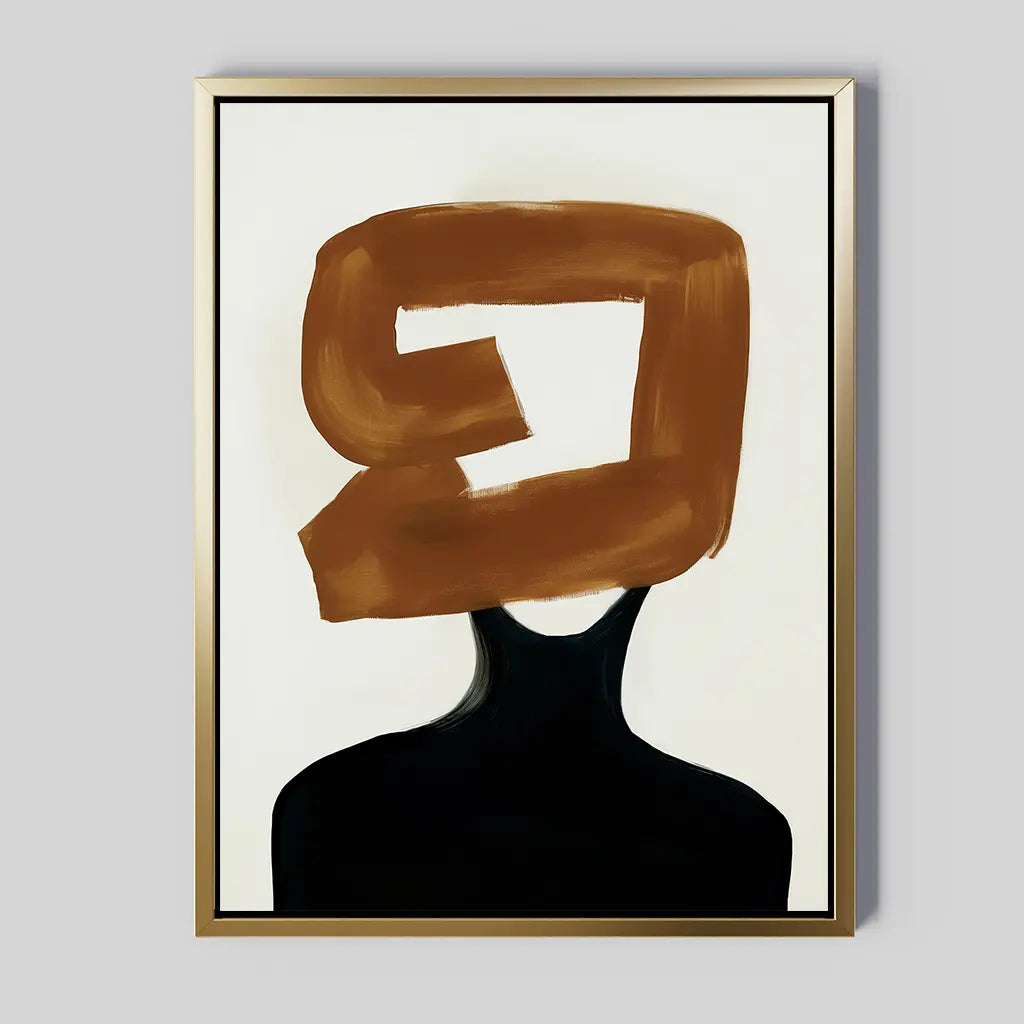 The Rustic Persona Canvas Art features a modern, faceless black silhouette with a bold brown brushstroke over the head, set on a crisp white background framed in minimalist style.