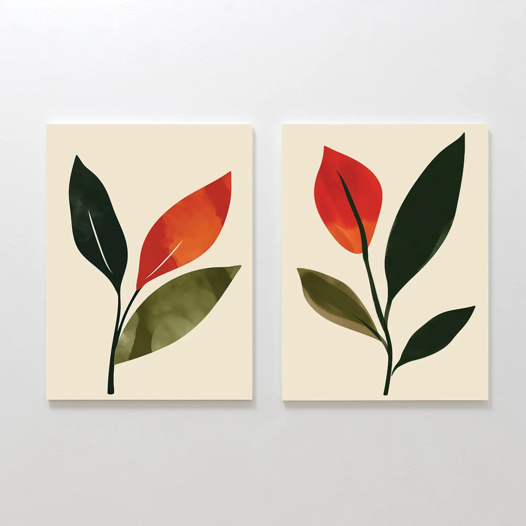 The Rustic Stems Set of 2 features minimalist botanical prints with olive green and orange-red leaves on a light beige background—perfect rustic wall art for modern living room decor.