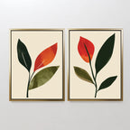 The Rustic Stems Set of 2 features framed minimalist botanical prints with abstract olive green and orange-red leaves on beige backgrounds—ideal rustic wall art for enhancing modern living room decor.
