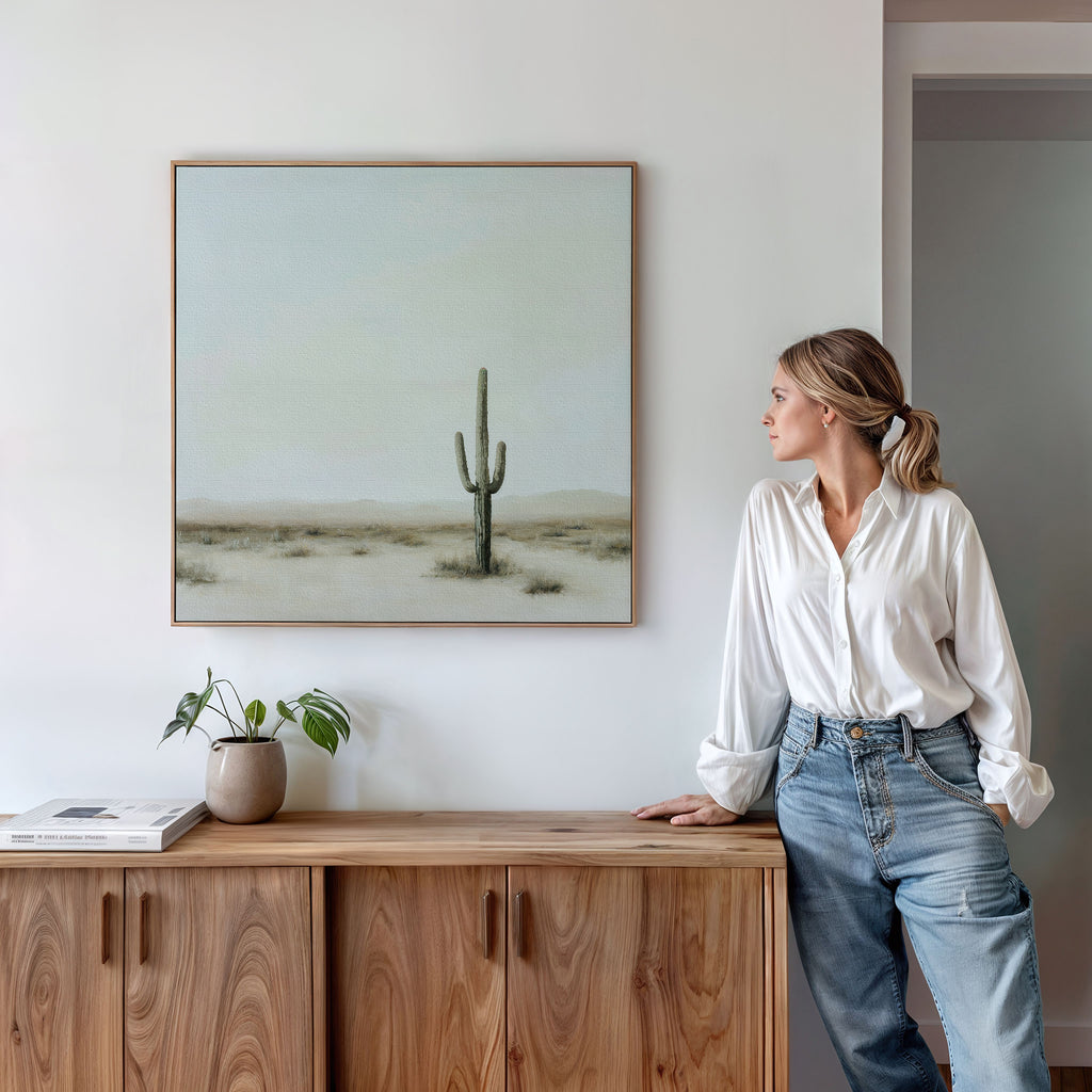 A woman in a white blouse and jeans stands by a wooden cabinet, admiring the Saguaro Whisper Canvas Art. A potted plant and closed book on the cabinet complete the rooms serene, minimalist atmosphere.