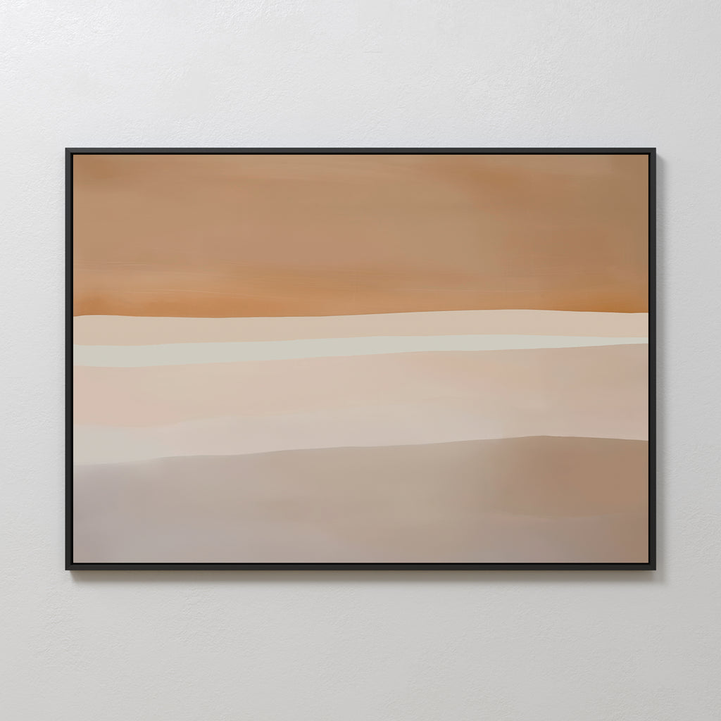 Saharan Lines Abstract Canvas Art features horizontal bands in warm earthy tones—beige, tan, and light brown—framed in black and displayed on a light-textured wall, making it perfect large wall art for minimalist spaces.