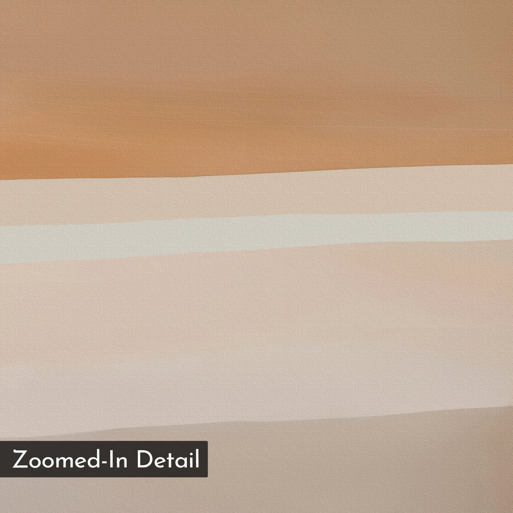 Saharan Lines Abstract Canvas Art features horizontal bands in soft earth tones of brown, beige, cream, and pink with a subtle textured surface. Minimalist wall art design includes a black label in the bottom left reading “Zoomed-In Detail.”.