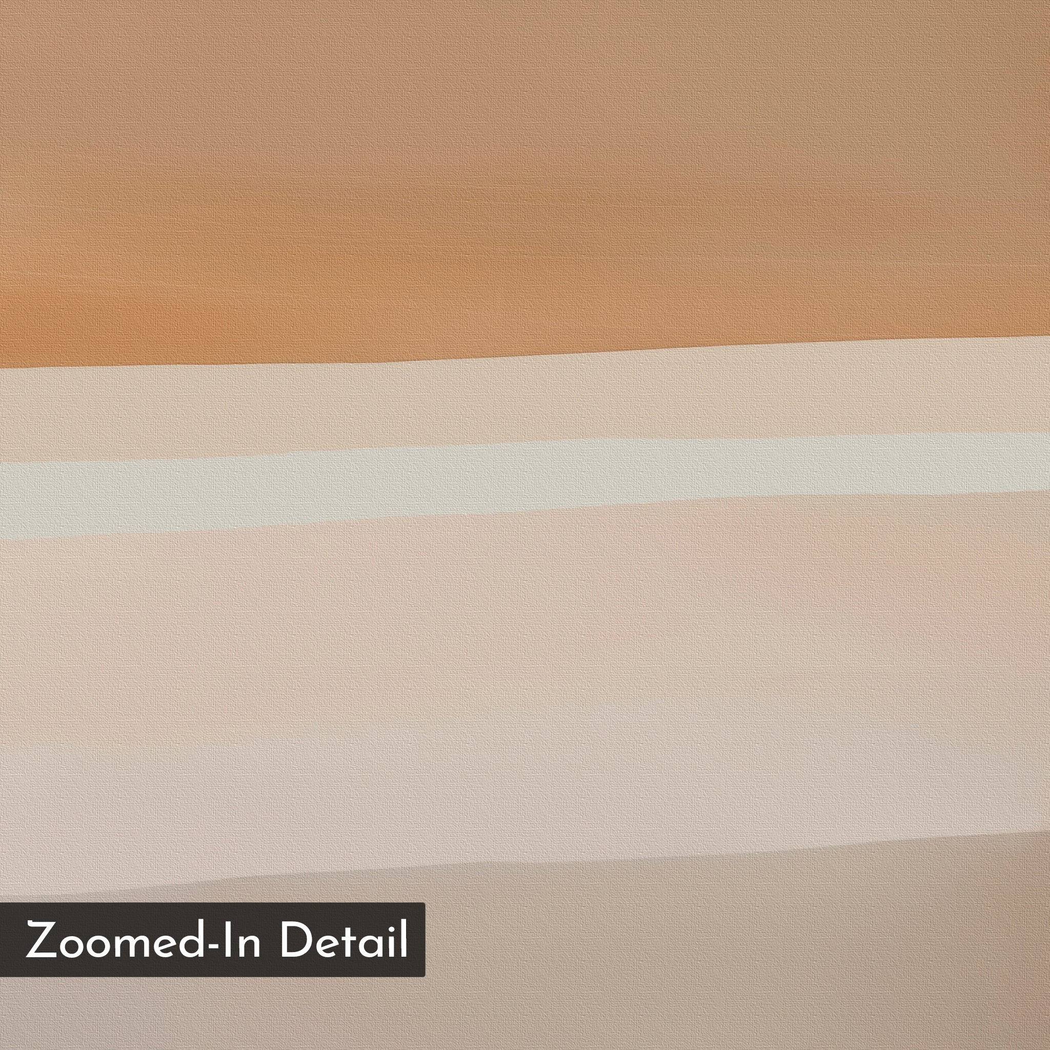 Saharan Lines Abstract Canvas Art features horizontal bands in soft earth tones of brown, beige, cream, and pink with a subtle textured surface. Minimalist wall art design includes a black label in the bottom left reading “Zoomed-In Detail.”.