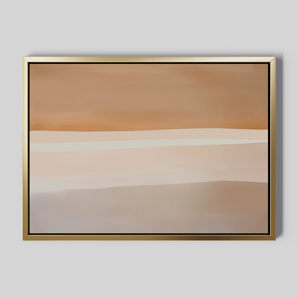 The Saharan Lines Abstract Canvas Art features horizontal bands in brown, beige, cream, and light gray for a minimalist look. Framed in gold, it stands out against a light gray background.