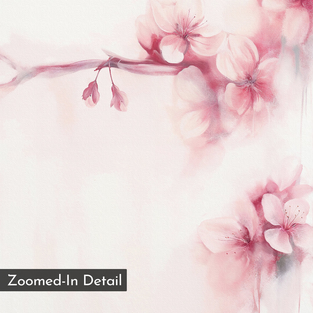 The Sakura Dream Canvas Art features a watercolor of pink cherry blossoms and two buds on a branch with soft, blurred edges against a pale background. Minimalist floral design; "Zoomed-In Detail" text appears in the corner.