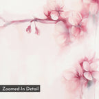 The Sakura Dream Canvas Art features a watercolor of pink cherry blossoms and two buds on a branch with soft, blurred edges against a pale background. Minimalist floral design; "Zoomed-In Detail" text appears in the corner.