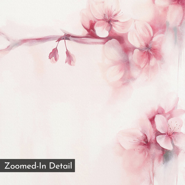 The Sakura Dream Canvas Art features a watercolor of pink cherry blossoms and two buds on a branch with soft, blurred edges against a pale background. Minimalist floral design; "Zoomed-In Detail" text appears in the corner.
