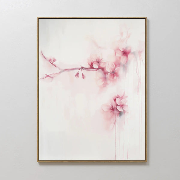 Sakura Dream Canvas Art—this framed minimalist floral canvas showcases soft pink cherry blossoms with a watercolor effect on white, making it perfect wall art for bedroom decor.