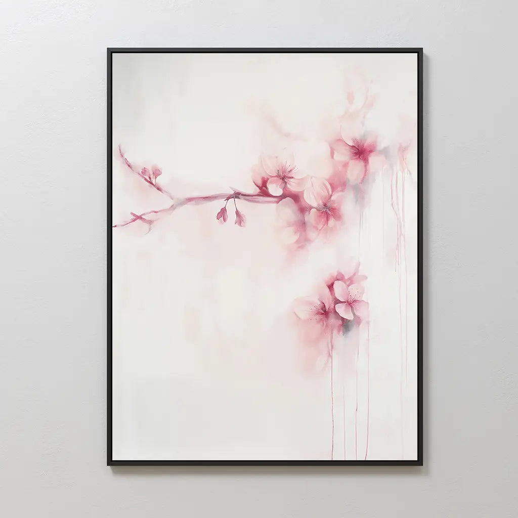 Sakura Dream Canvas Art: a framed minimalist floral canvas with delicate pink cherry blossoms on a soft white background with watercolor effects—perfect wall art for bedroom decor.