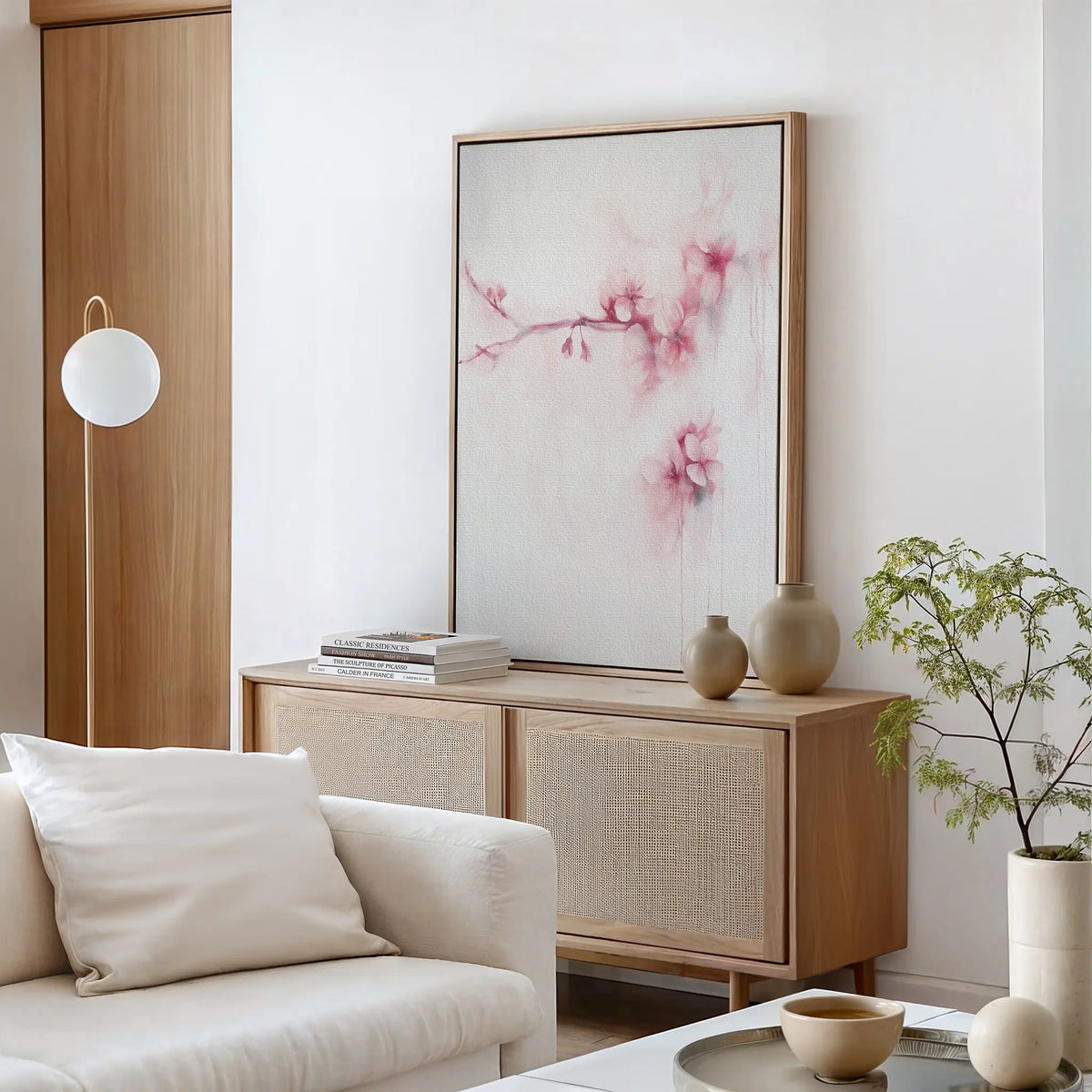 A minimalist living room with a light wood sideboard, the Sakura Dream Canvas Art featuring pink accents, neutral vases, stacked books, a white sofa, and a small green plant on the coffee table.