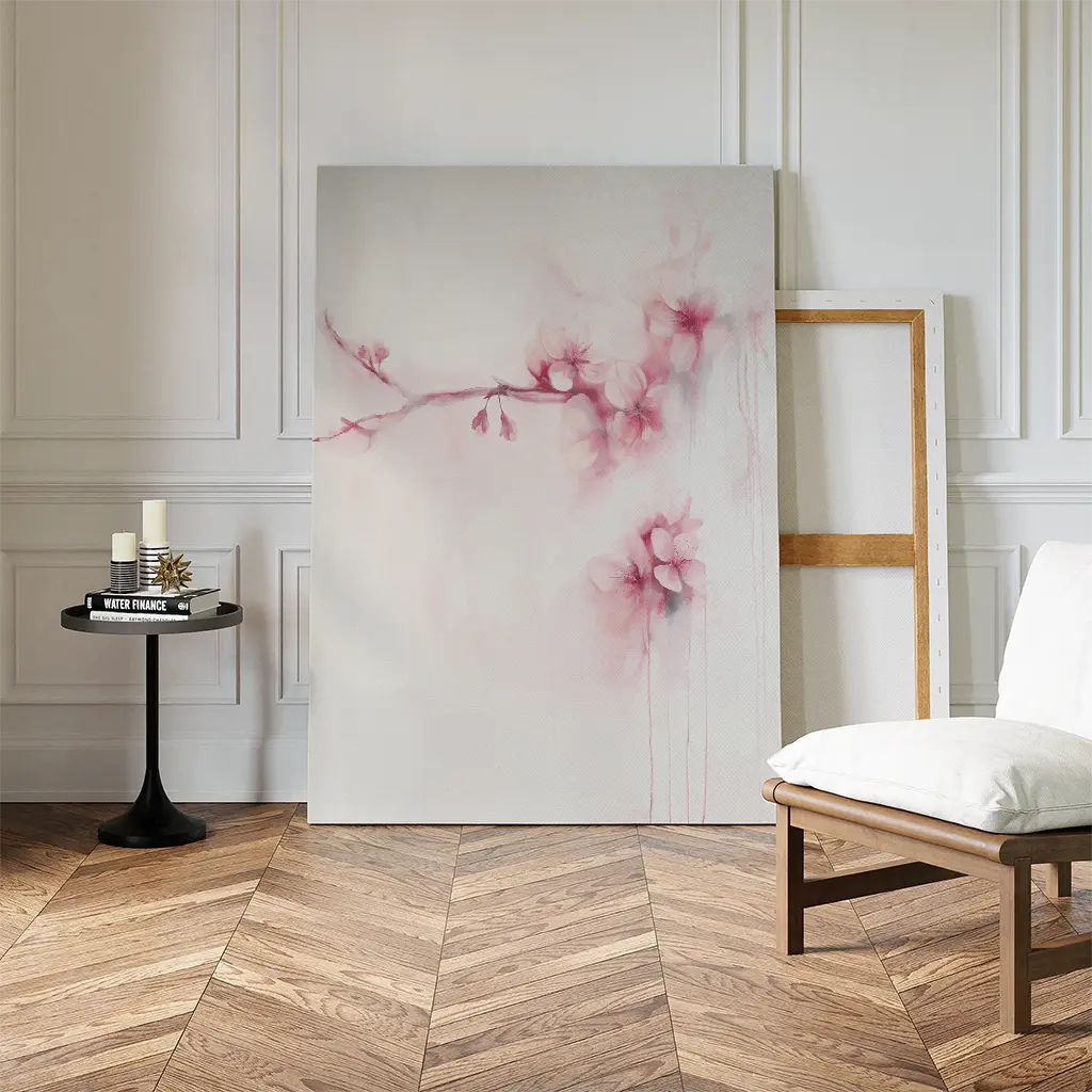 The Sakura Dream Canvas Art featuring soft pink cherry blossoms leans against a wall beside an empty frame. A round black side table with candles and books stands next to a white cushioned chair on a herringbone wood floor.