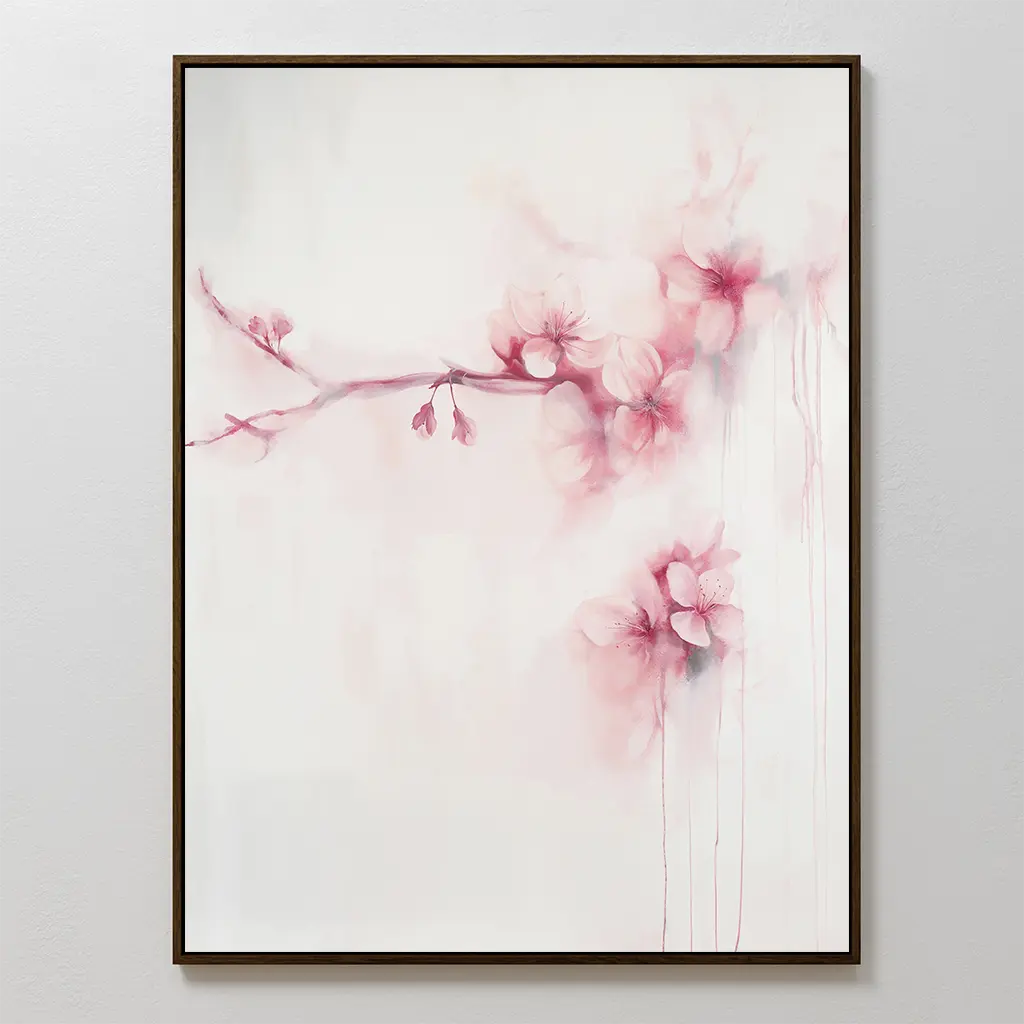Sakura Dream Canvas Art showcases pink cherry blossoms on a pale backdrop with delicate branches and blurred petals. This ethereal, minimalist wall decor features a sleek dark frame, adding refined elegance to any bedroom.