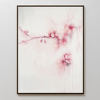 Sakura Dream Canvas Art showcases pink cherry blossoms on a pale backdrop with delicate branches and blurred petals. This ethereal, minimalist wall decor features a sleek dark frame, adding refined elegance to any bedroom.