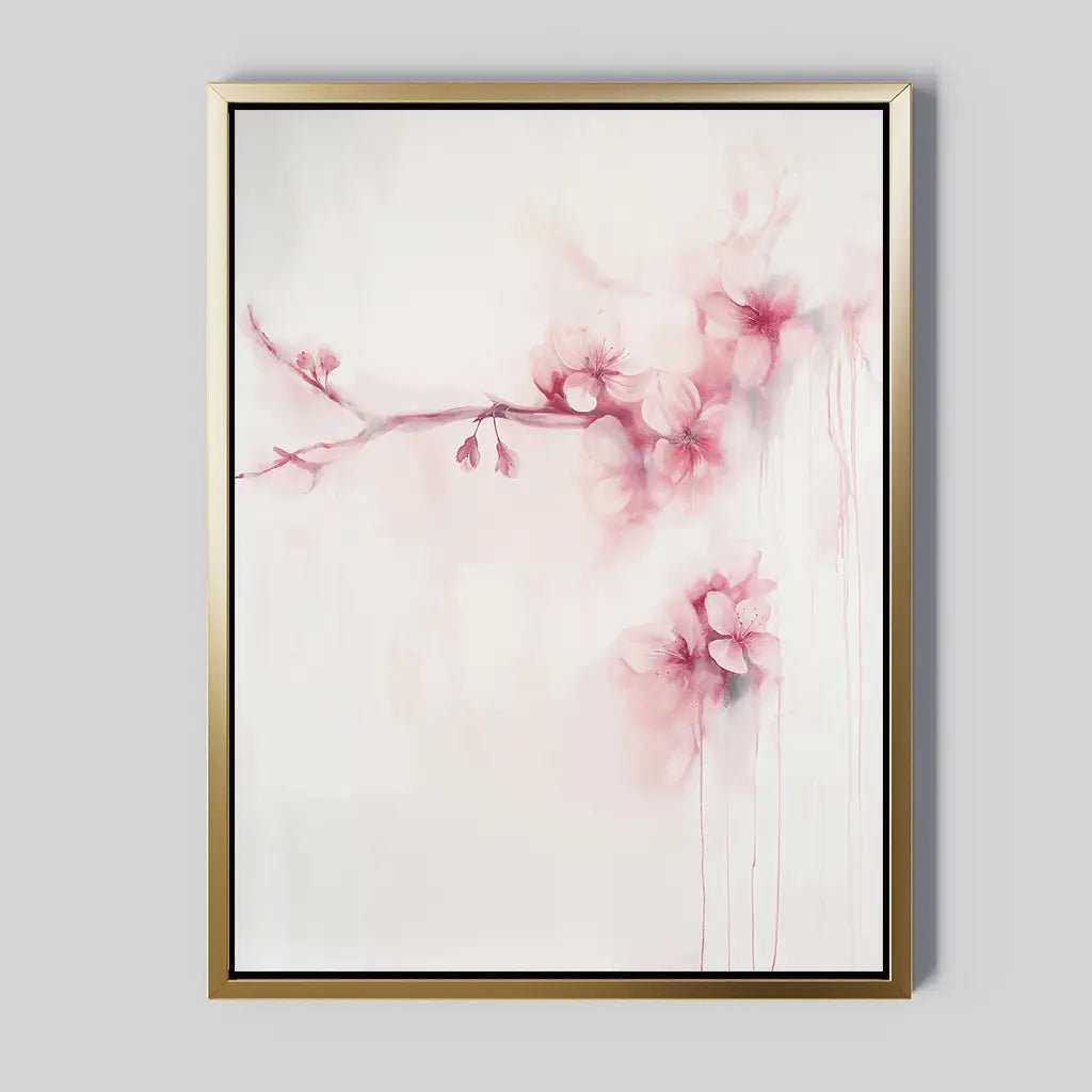 Sakura Dream Canvas Art: a framed minimalist floral canvas showcasing delicate watercolor-style pink cherry blossoms on a branch, with soft edges and gentle pink drips—ideal cherry blossom wall art for bedroom decor.