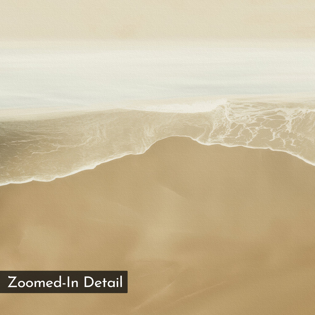 A painted-effect image of a soft, sandy beach merging with gentle, foamy waves as seen from above. "Sand and Sea Abstract Canvas Art" label in the corner—ideal minimalist wall decor for neutral interiors.