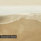 A painted-effect image of a soft, sandy beach merging with gentle, foamy waves as seen from above. "Sand and Sea Abstract Canvas Art" label in the corner—ideal minimalist wall decor for neutral interiors.