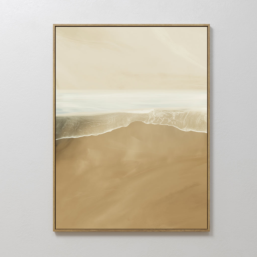 Sand and Sea Abstract Canvas Art—a framed painting of gentle waves on a sandy shore in soft beige, tan, and white tones—makes the perfect minimalist wall art for any neutral home decor.