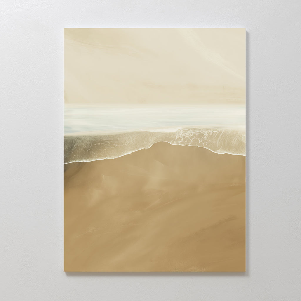 The Sand and Sea Abstract Canvas Art showcases gentle ocean waves and a sandy shore in soft beige and white tones, creating a minimalist wall piece perfect for calming, neutral home decor.