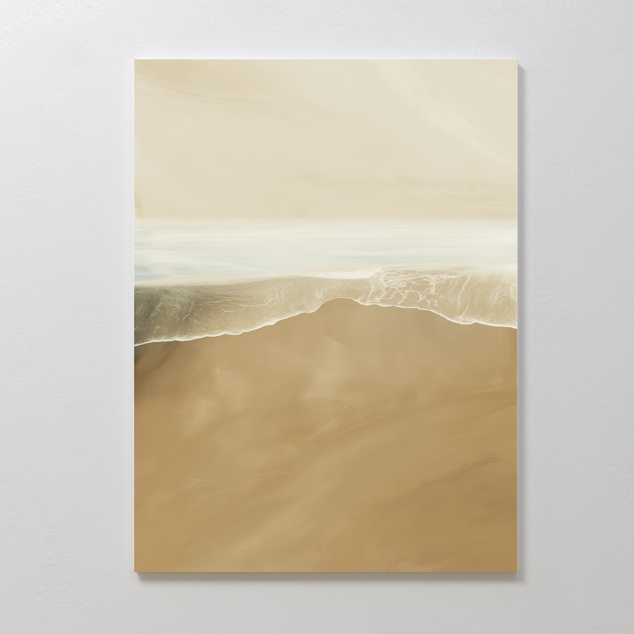 The Sand and Sea Abstract Canvas Art showcases gentle ocean waves and a sandy shore in soft beige and white tones, creating a minimalist wall piece perfect for calming, neutral home decor.