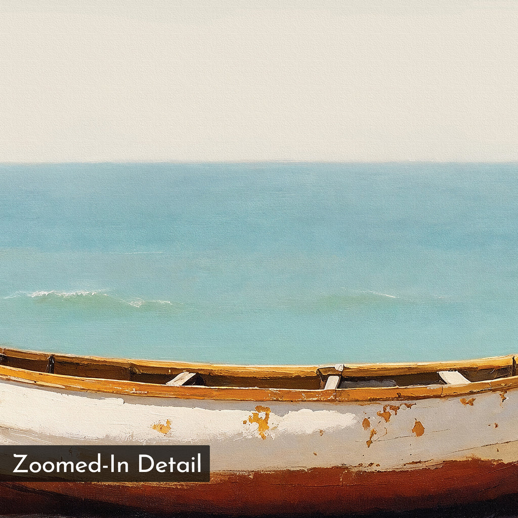 The Sandbound Vessel Canvas Art features a weathered, rusted boat on a calm shore with blue waves and a pale sky. Its soft, painted texture makes it perfect as minimalist wall art or coastal decor, with "Zoomed-In Detail" in the corner.
