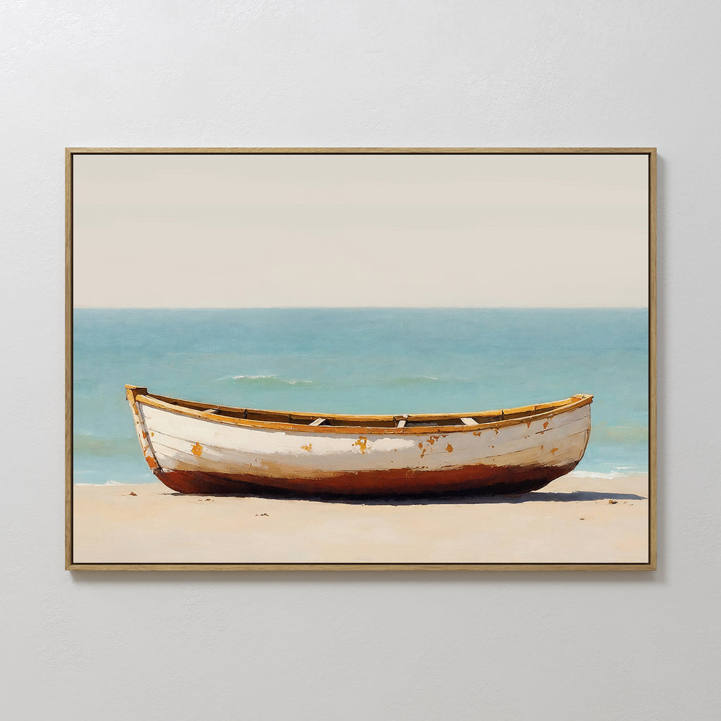 The Sandbound Vessel Canvas Art features a weathered white rowboat on a sandy beach with calm turquoise water and pale sky, framed and displayed on a white wall—ideal for adding serene coastal style to any bedroom.