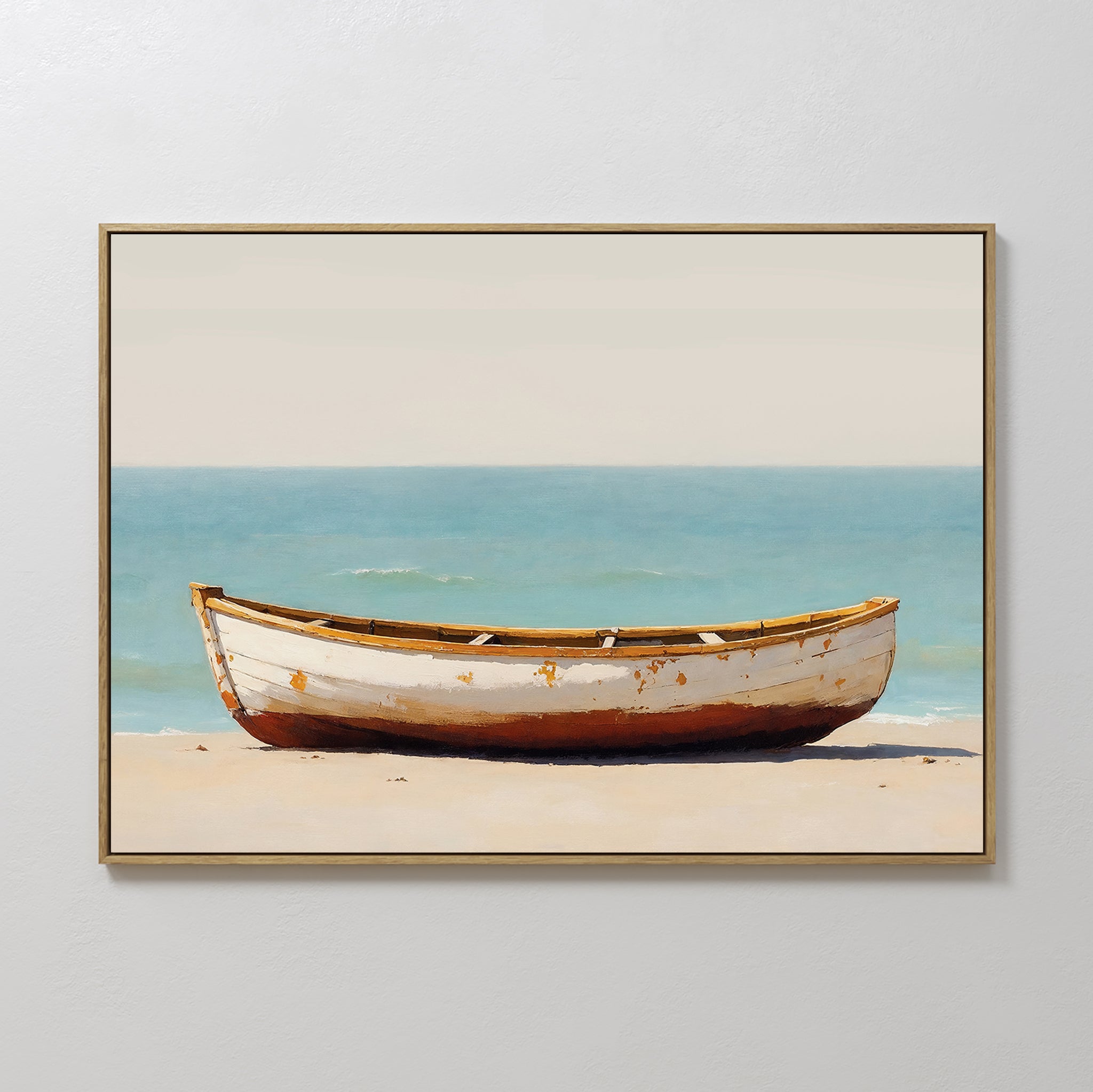 The Sandbound Vessel Canvas Art features a weathered white rowboat on a sandy beach with calm turquoise water and pale sky, framed and displayed on a white wall—ideal for adding serene coastal style to any bedroom.