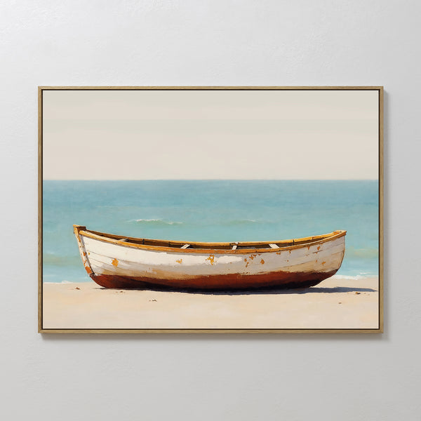 The Sandbound Vessel Canvas Art features a weathered white rowboat on a sandy beach with calm turquoise water and pale sky, framed and displayed on a white wall—ideal for adding serene coastal style to any bedroom.