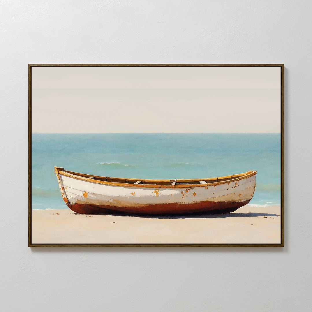 The Sandbound Vessel Canvas Art depicts a weathered wooden rowboat on a sandy shore with calm blue water and a pale sky, creating striking coastal wall art ideal for serene bedroom decor.