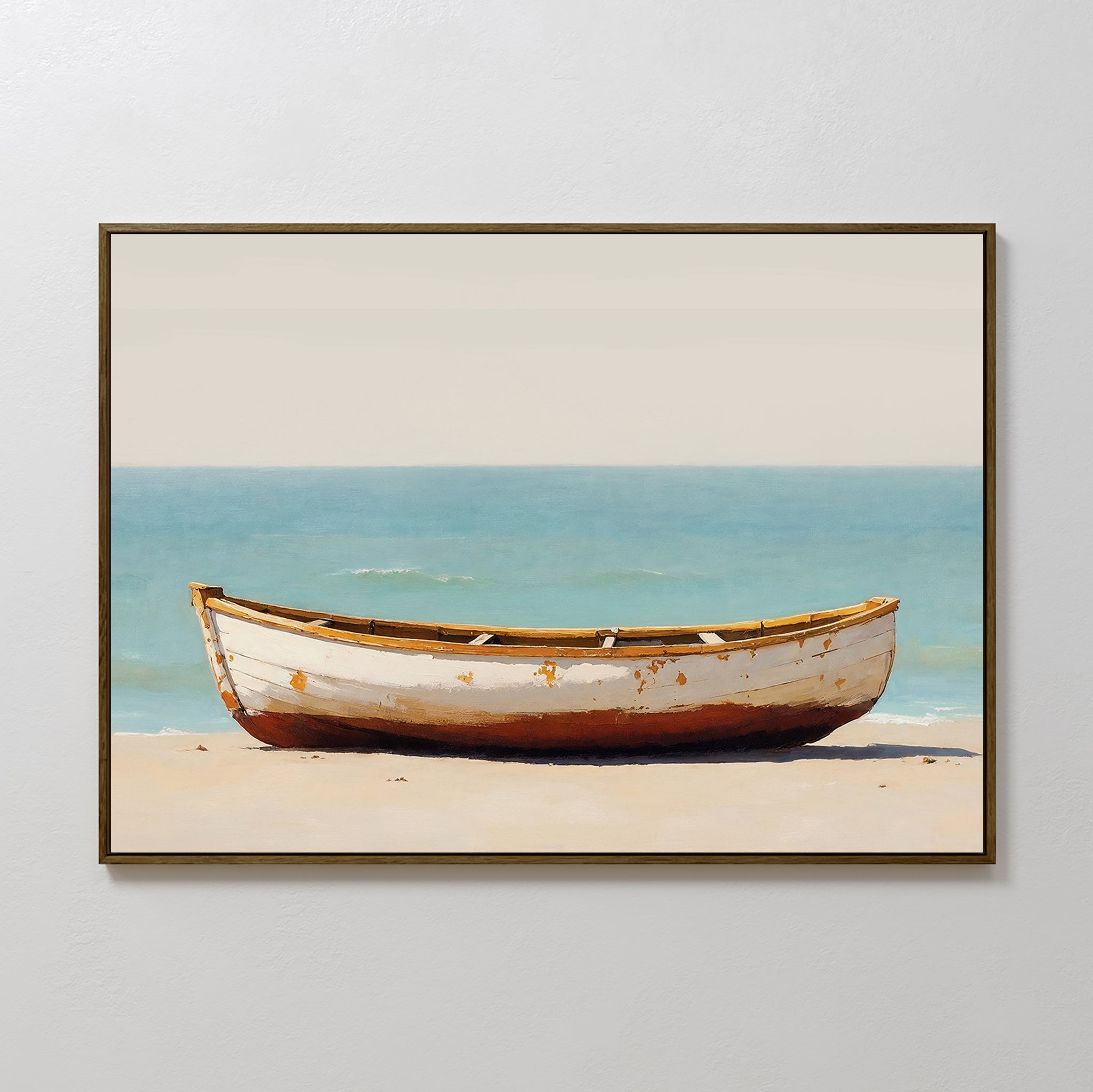 The Sandbound Vessel Canvas Art depicts a weathered wooden rowboat on a sandy shore with calm blue water and a pale sky, creating striking coastal wall art ideal for serene bedroom decor.