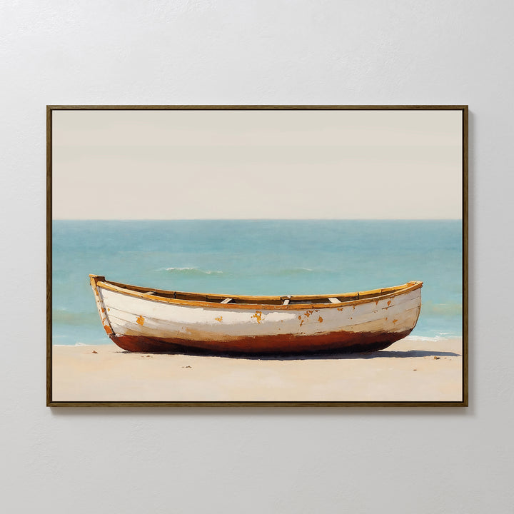 The Sandbound Vessel Canvas Art depicts a weathered wooden rowboat on a sandy shore with calm blue water and a pale sky, creating striking coastal wall art ideal for serene bedroom decor.