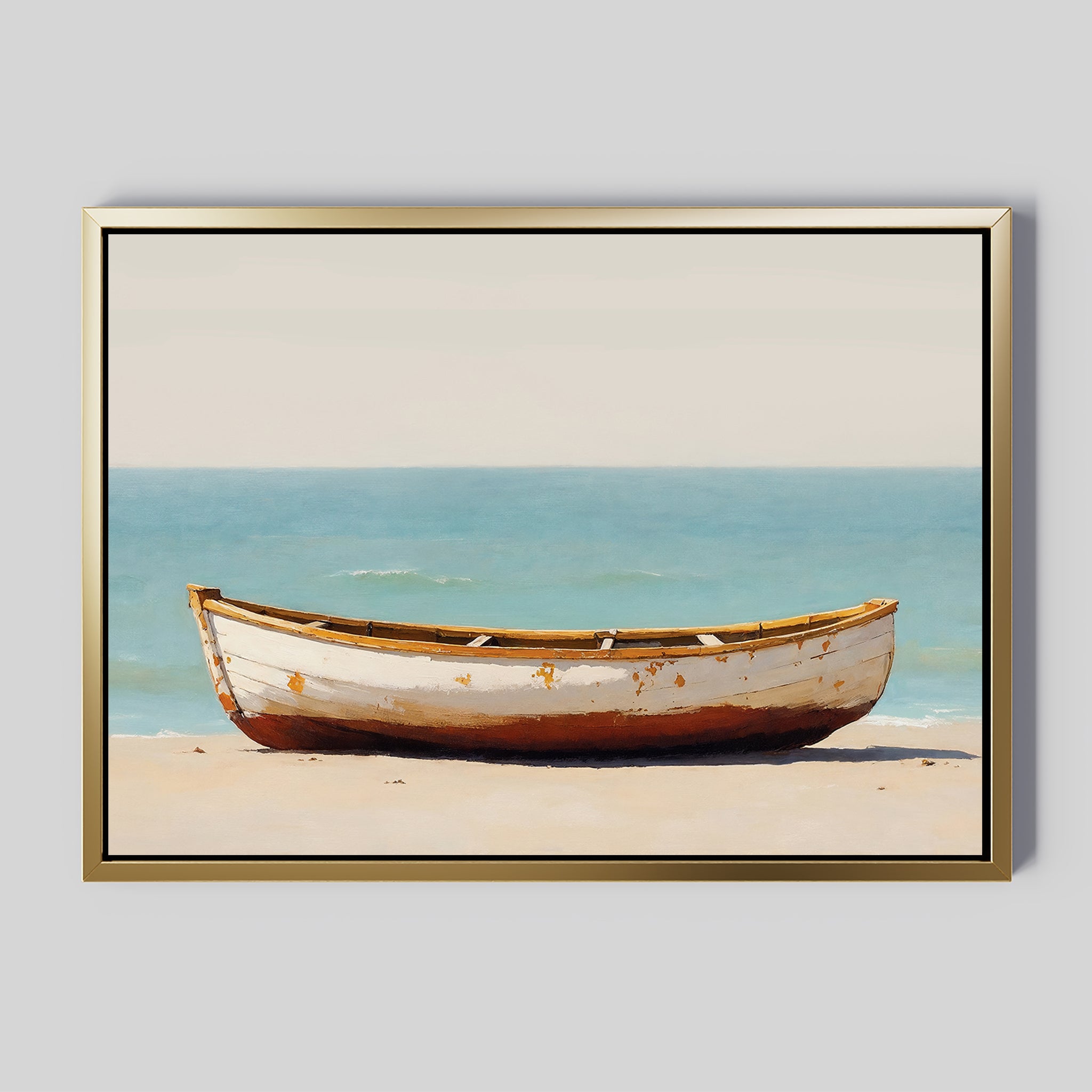 The Sandbound Vessel Canvas Art features a weathered white rowboat on a sandy shore with a calm turquoise sea and pale sky, framed in gold—a serene coastal wall art piece ideal for bedroom decor.