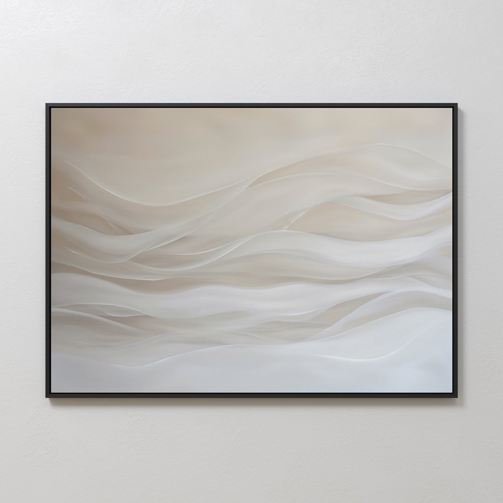 The Sandy Hues Abstract Canvas Art features soft, layered wavy lines in neutral beige and white, bringing gentle movement and calm to your space. Perfect for adding a modern touch to any plain white wall in your living room.