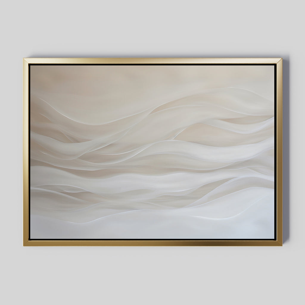 The Sandy Hues Abstract Canvas Art features soft beige and white wave shapes on a light background, evoking calm. Framed in gold with black accents, this minimalist piece is ideal for living room decor.