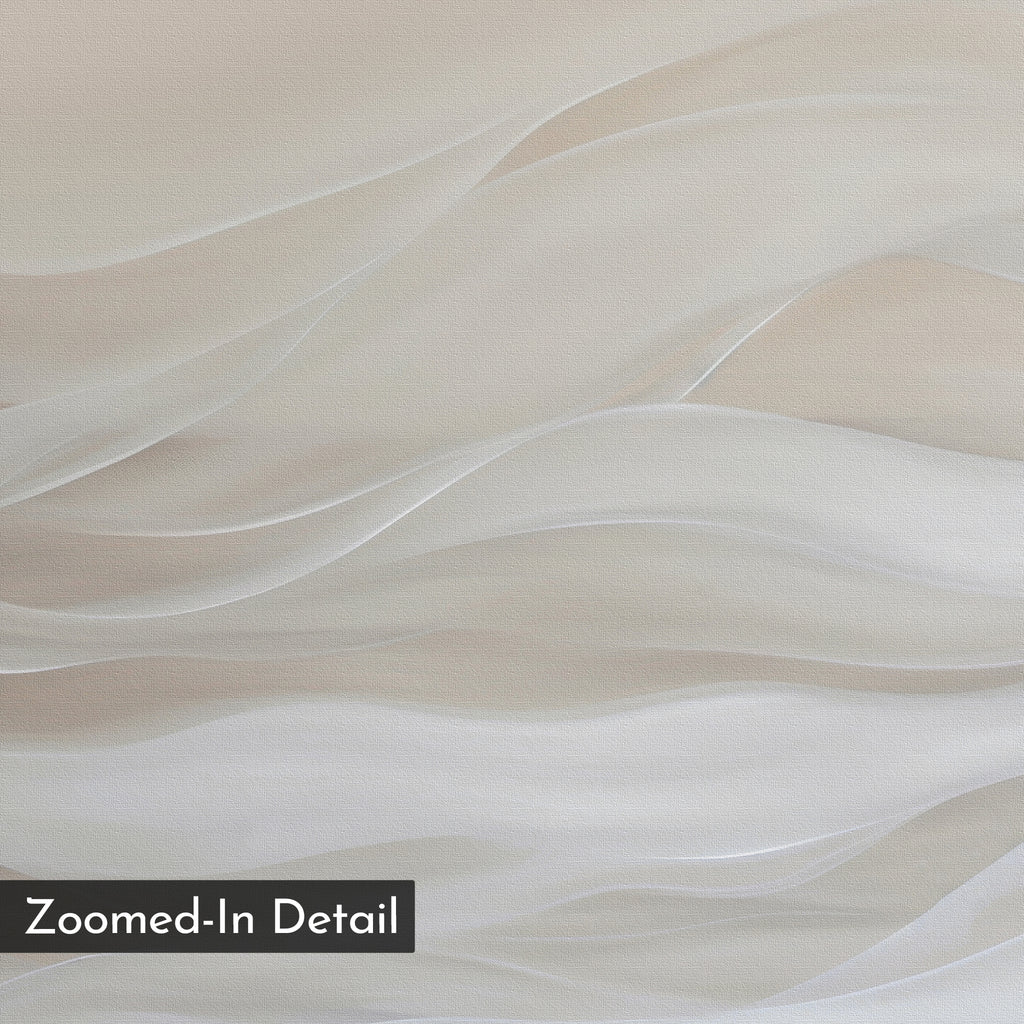 The Sandy Hues Abstract Canvas Art features a close-up of textured, wavy lines in soft beige and cream tones with a minimalist, layered design and the label "Zoomed-In Detail" in the bottom left corner.