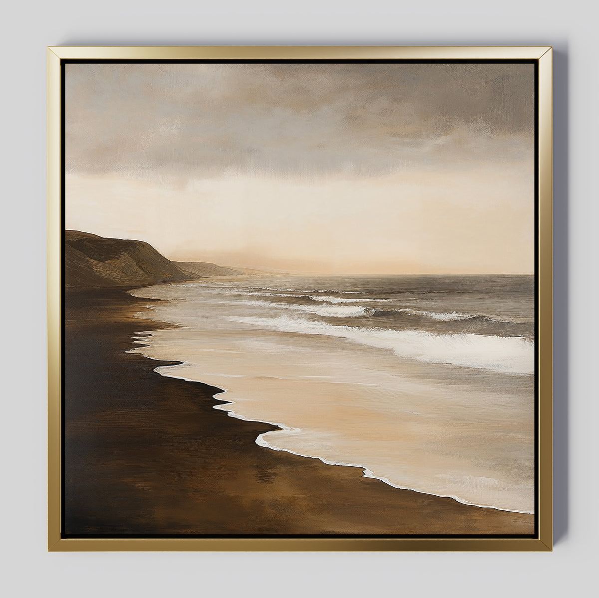 Sandy Shoreline Canvas Art features a serene beach scene with gentle waves, sandy shore, and distant cliffs under a cloudy sky in neutral earthy tones—ideal coastal wall decor for your living room.