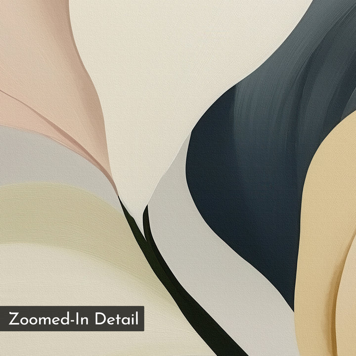 Sculpted Elegance Canvas Art showcases smooth, flowing shapes in beige, cream, black, and navy blue. Ideal minimalist wall art for living rooms, it adds a touch of textured elegance. “Zoomed-In Detail” appears on the lower left corner.
