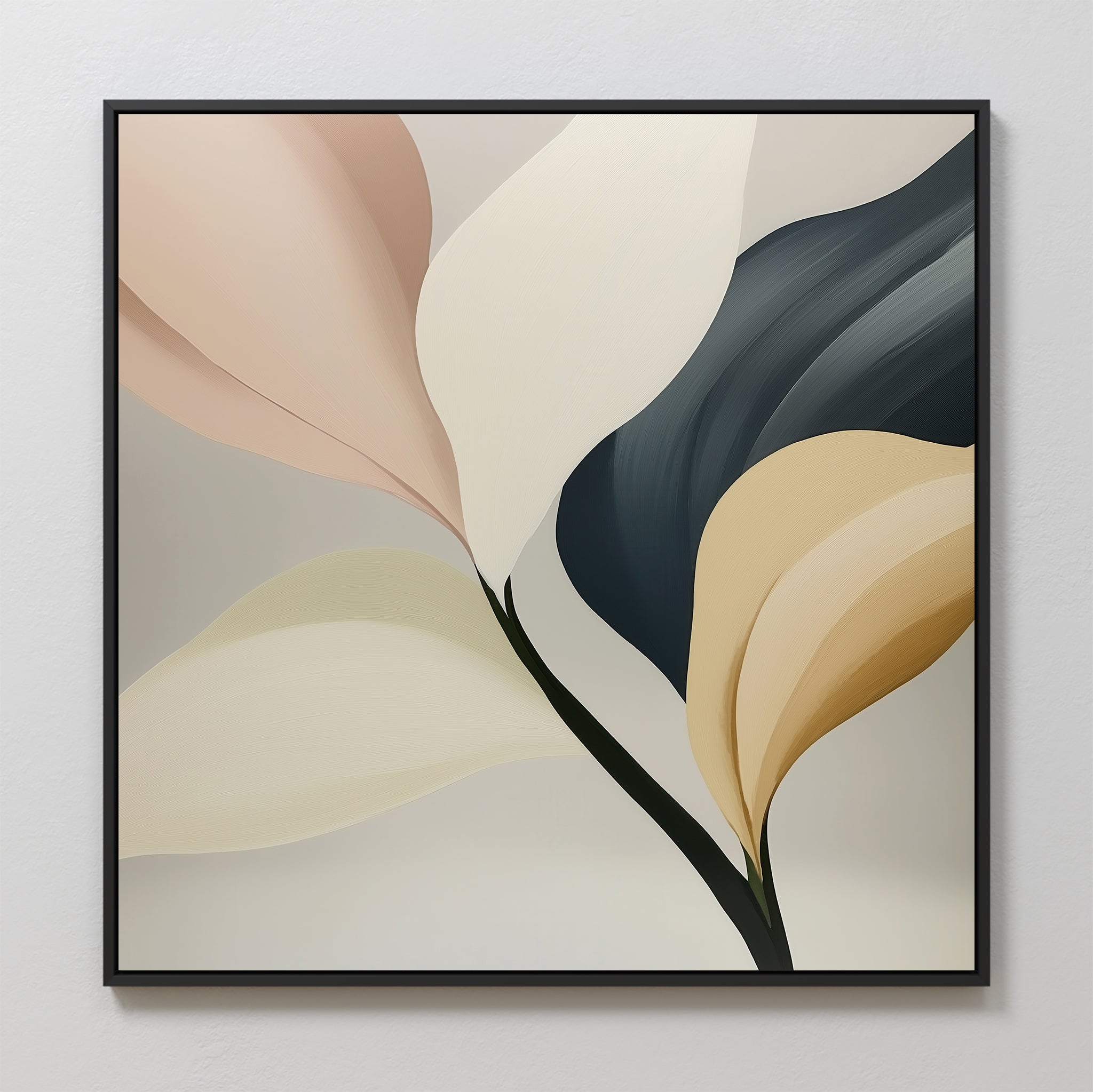The Sculpted Elegance Canvas Art features abstract leaves in pastel beige, cream, blush, and dark blue on a light background. Framed in thin black, its perfect as large wall art for adding elegant style to your living room decor.