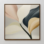 Sculpted Elegance Canvas Art showcases large, abstract leaf-like shapes in beige, cream, peach, yellow, and dark blue on a light gray backdrop—a minimalist framed piece ideal for adding modern style to your living room.