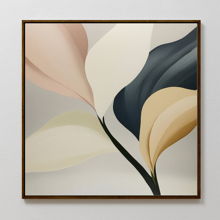 Sculpted Elegance Canvas Art showcases large, abstract leaf-like shapes in beige, cream, peach, yellow, and dark blue on a light gray backdrop—a minimalist framed piece ideal for adding modern style to your living room.