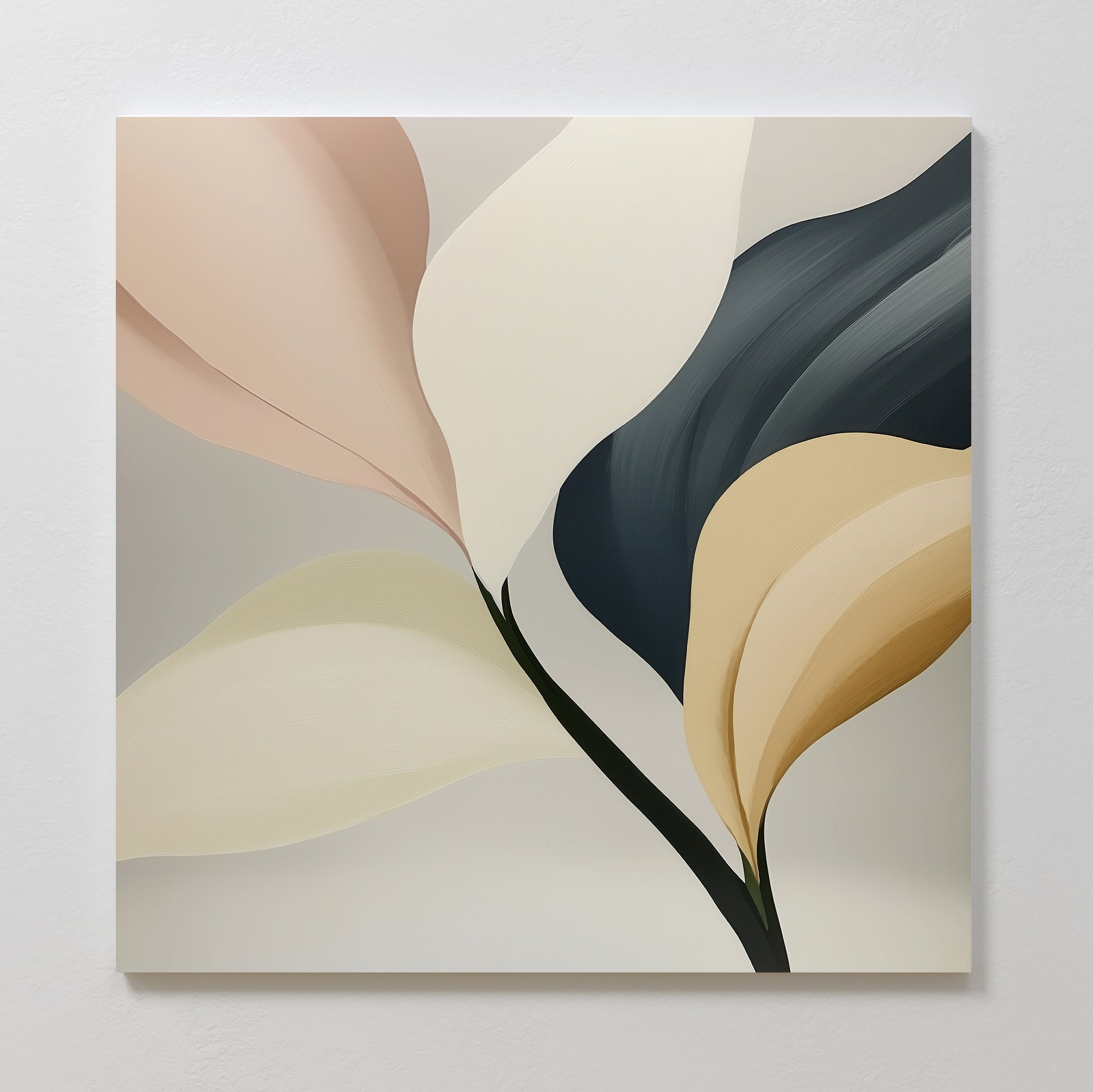 The Sculpted Elegance Canvas Art showcases minimalist abstract leaves in beige, cream, blush, gold, and dark blue on a light background—perfect as large wall art for stylish living rooms, beautifully displayed on a white wall.