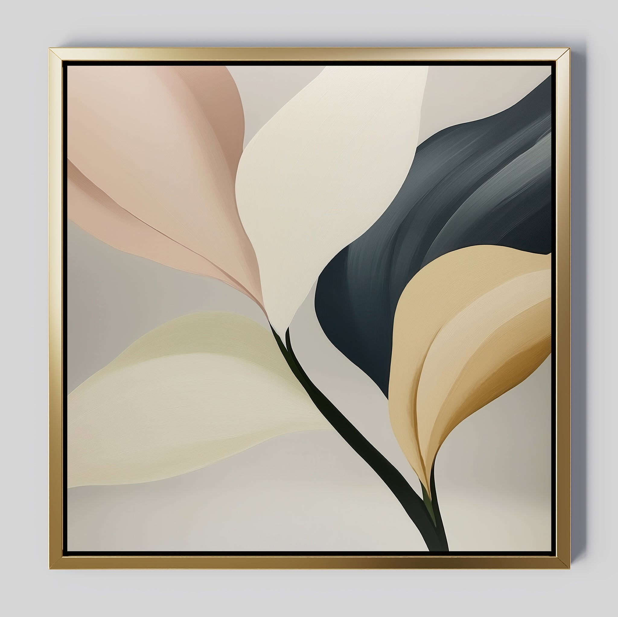 Sculpted Elegance Canvas Art is a framed abstract painting with large, overlapping leaf shapes in beige, blush pink, navy blue, and gold on a light background. Its minimalist design and thin gold frame add elegance to your living room decor.