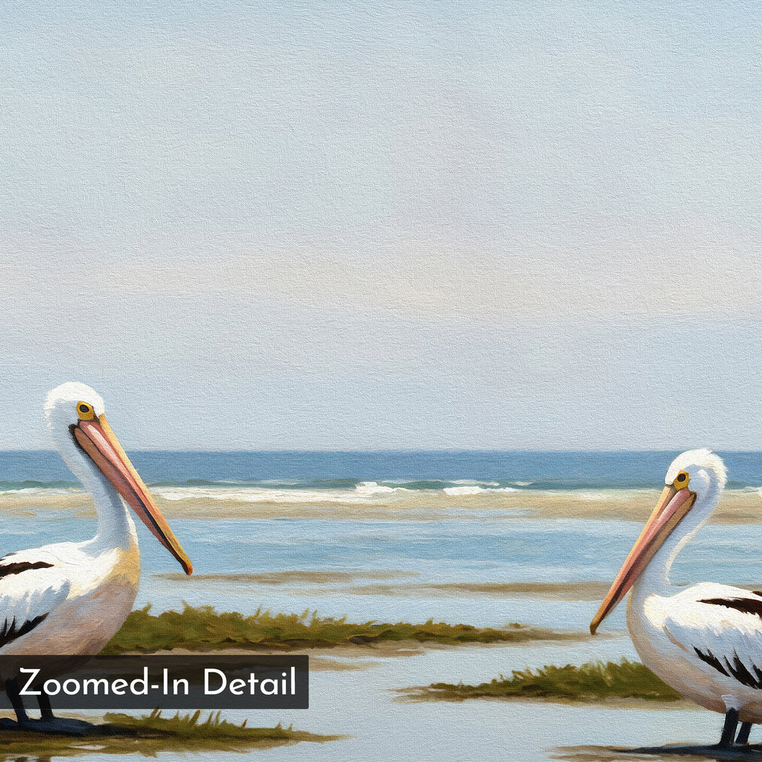 Seaside Gaze Canvas Art shows two pelicans on grassy patches by the water, with waves and blue sky in a painted style. A "Zoomed-In Detail" label appears in the lower left. Ideal for coastal or minimalist wall art decor.