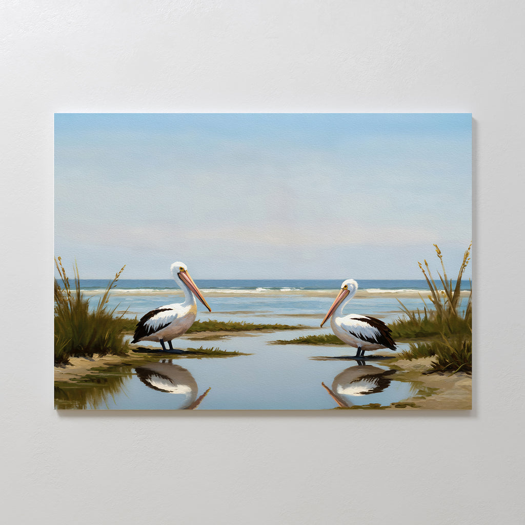 Seaside Gaze Canvas Art features two pelicans by the water among tall grasses, their reflections mirrored in the calm surface beneath a blue sky—perfect for adding coastal serenity to your space.
