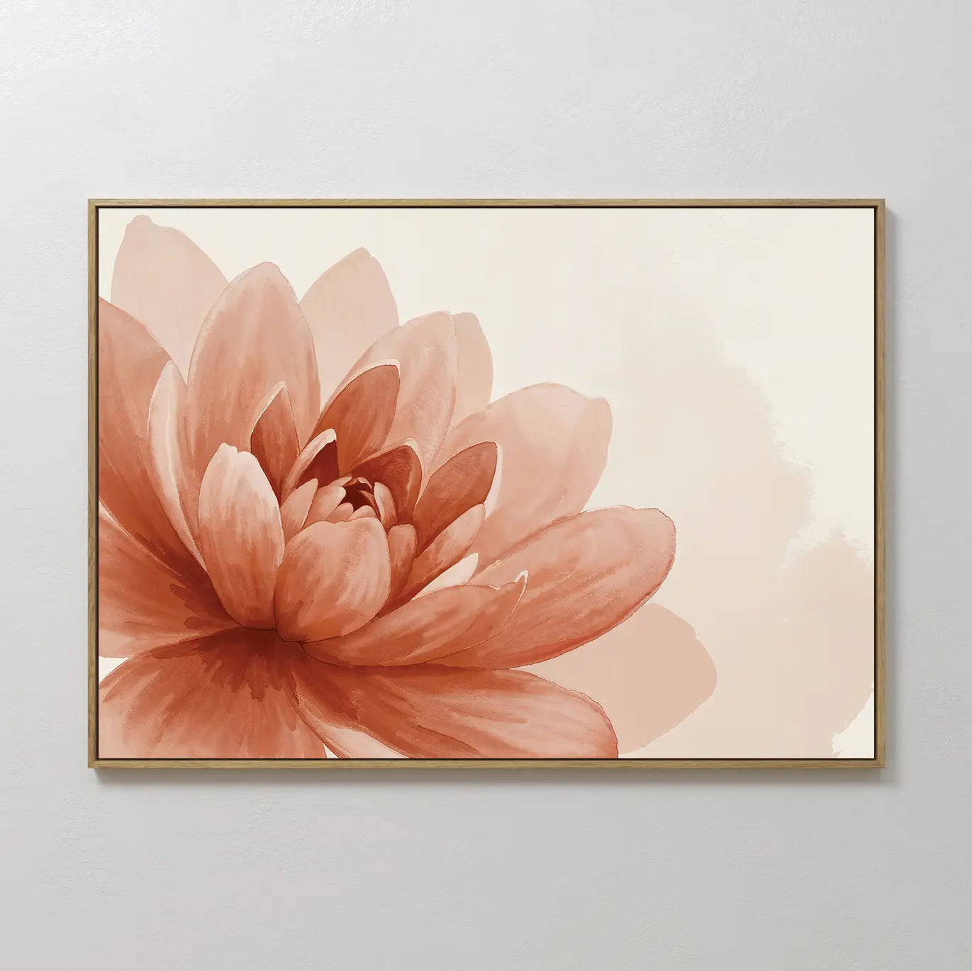 The Sepia Lotus Canvas Art features a large, soft pink watercolor flower with delicate petals on an off-white background, adding a gentle and modern touch to any bedroom decor.