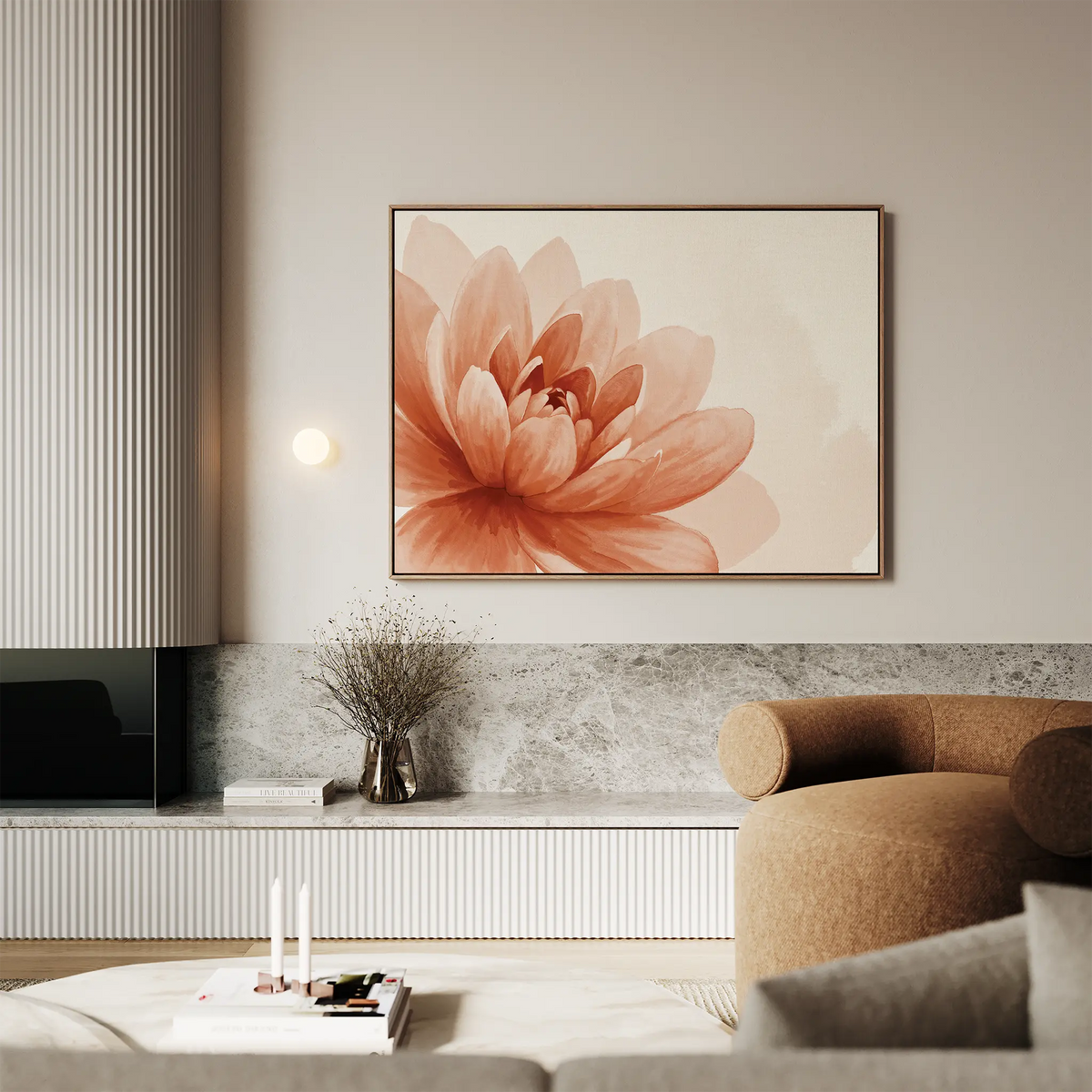 A modern living room with beige and gray decor features the Sepia Lotus Canvas Art above a marble shelf, paired with a round tan armchair and dried flowers—an ideal source of inspiration for stylish bedroom decor.