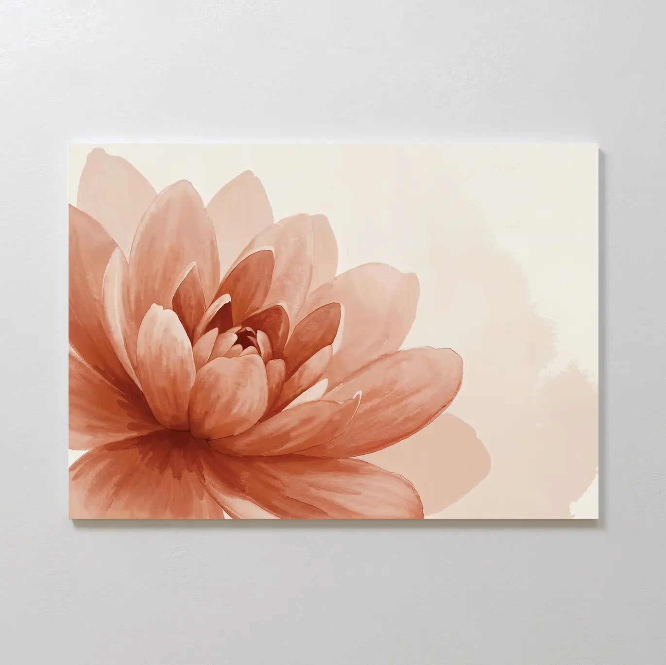 The Sepia Lotus Canvas Art features a large, soft peach-hued lotus flower with layered petals on a light, neutral background—an elegant floral wall art piece perfect for enhancing your bedroom decor.