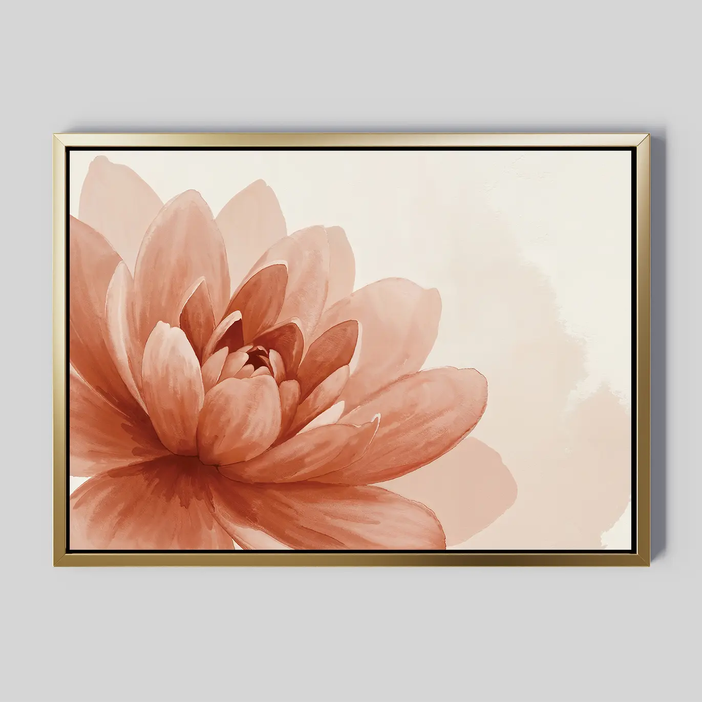 The Sepia Lotus Canvas Art features a close-up of a peach-hued flower with layered petals on a light beige background and is framed in thin gold—an elegant minimalist accent for bedroom decor.
