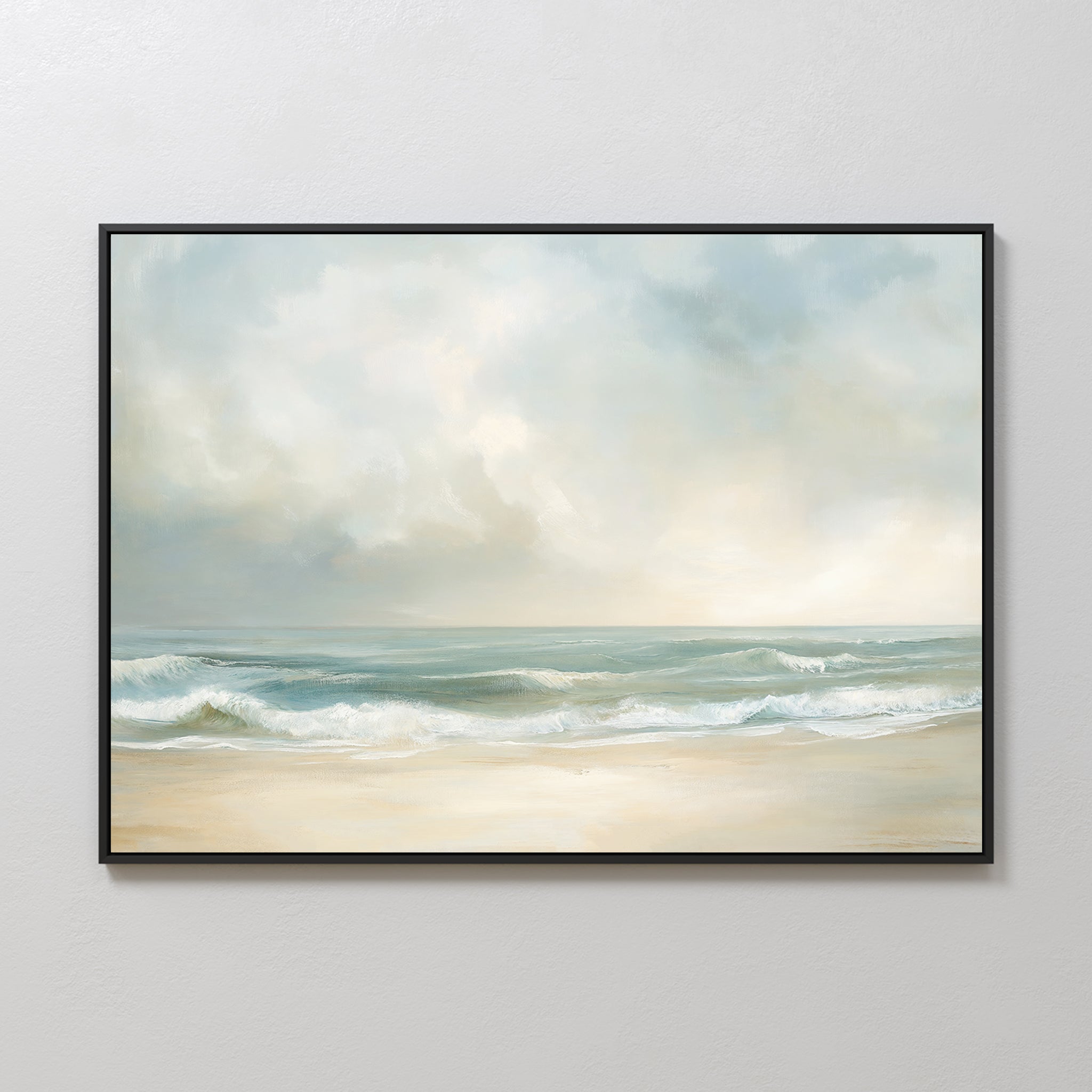 The Serene Beach Canvas Art features a framed print of gentle waves, a sandy shore, and a cloudy sky in soft colors—ideal for adding vintage decor to any space.