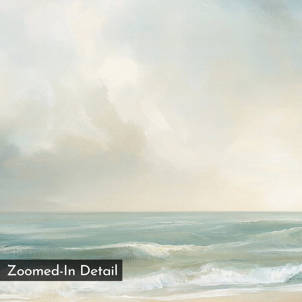 Serene Beach Canvas Art features soft, pastel tones of tranquil waters and gentle waves beneath a cloudy sky. A "Zoomed-In Detail" label at the bottom left adds a vintage print canvas touch, creating a peaceful, calming mood.