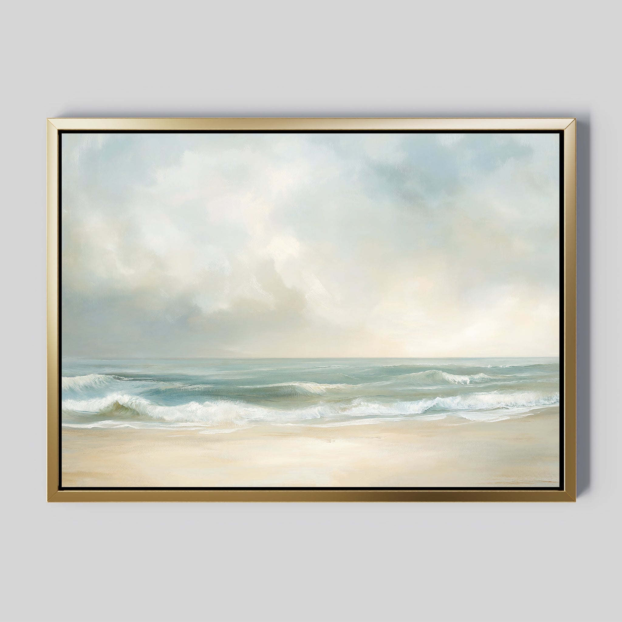 The Serene Beach Canvas Art showcases gentle waves, soft sand, and a cloudy sky in pastel tones on a light gray background, adding vintage charm and tranquility to any space.